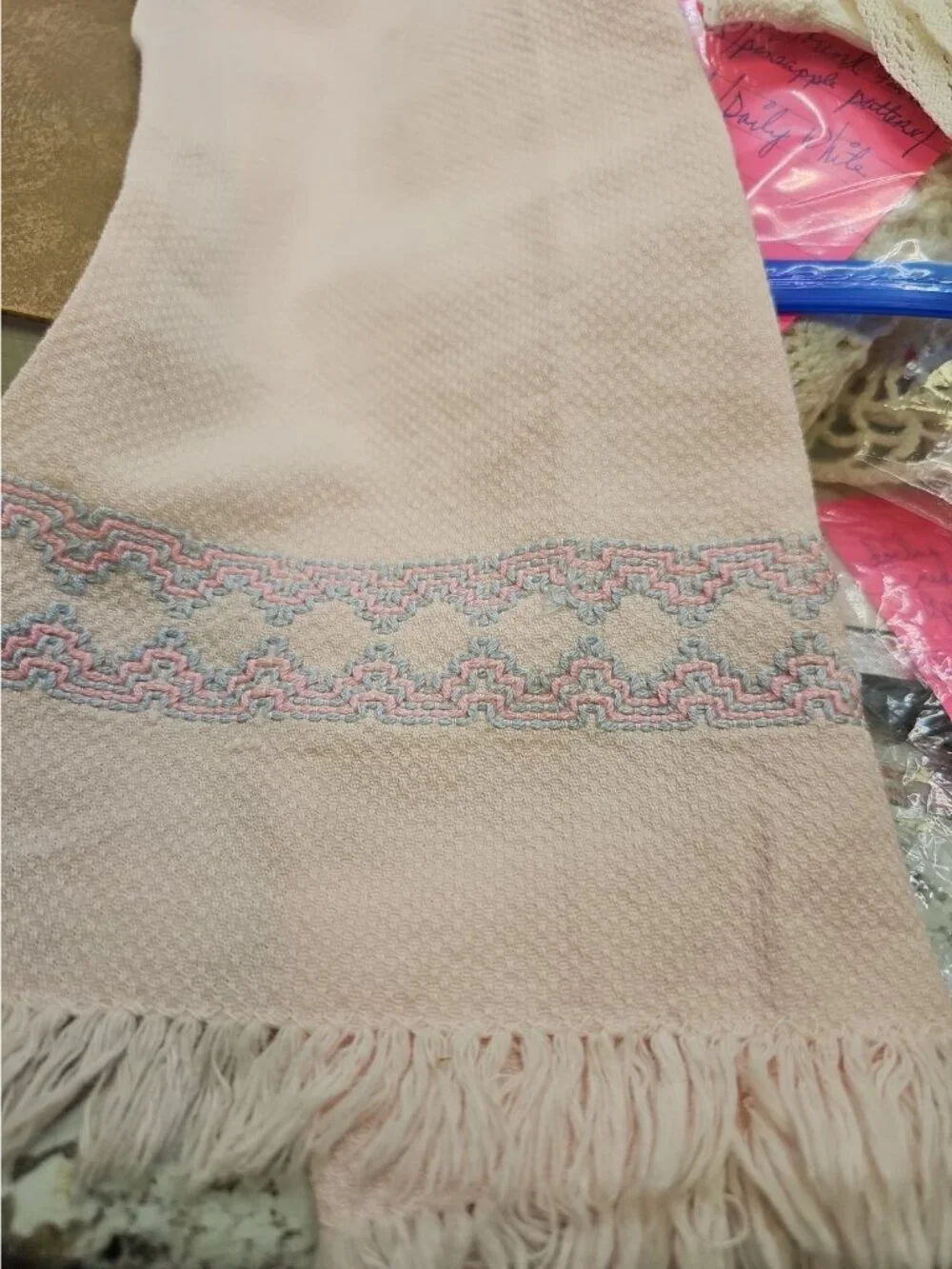 Embroidered Linen Pink & Blue towel